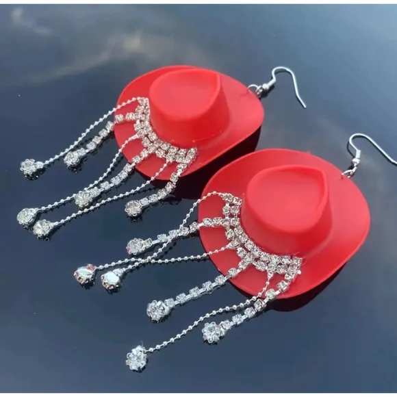 Red Cowboy Hat with Rhinestone Dangles Earrings - Picture 3 of 5